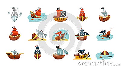 Pirate game ships set. Sunken play spanish sailboat with gold exploded wreckage dreadnought corsair schooners ragged Vector Illustration