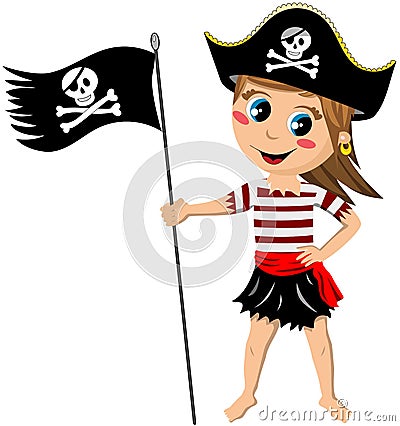Pirate Girl Jolly Roger Flag Isolated Vector Illustration
