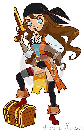 Pirate girl with powder gun and treasure chest Vector Illustration