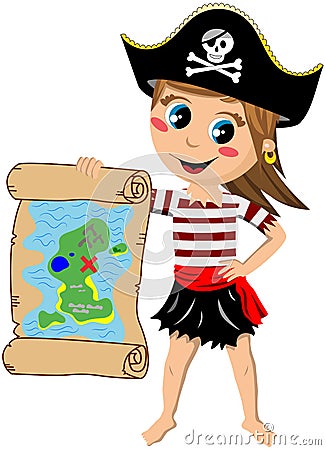 Pirate Girl Showing Treasure Map Vector Illustration