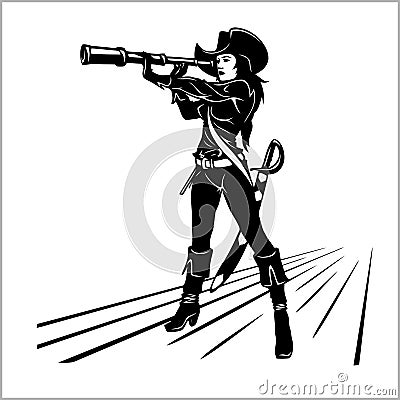 Pirate girl with a telescope Vector Illustration