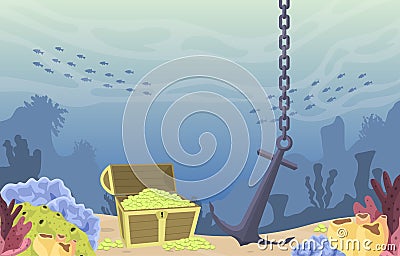 Pirate Gold Treasure Chest Anchor Marine Coral Underwater Ocean Illustration Vector Illustration