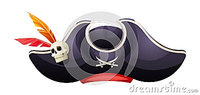 Pirate hat with skull, crossed swords and feathers illustration Vector Illustration