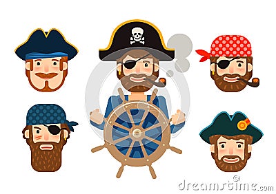 Pirate at the helm of ship. Corsair. Funny sailor Vector Illustration