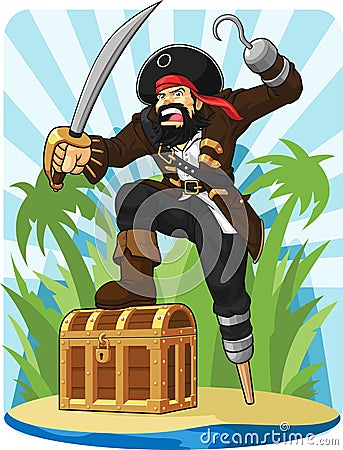 Pirate with His Treasure Chest Vector Illustration