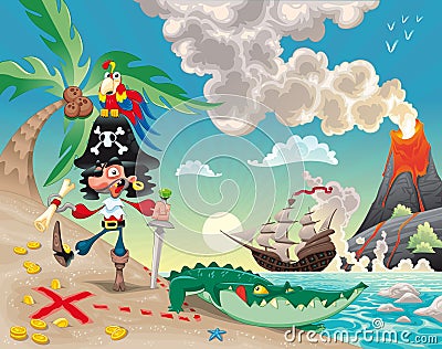 Pirate on the island. Vector Illustration