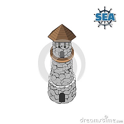 Pirate island with lighthouse on a white background. Tropical isle with stone castle in isometric style. Mobile game Vector Illustration