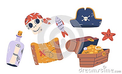 Pirate Items Set. Weathered Treasure Map, Tricorn Hat, Skull in Bandana, Fish, Message in Bottle, starfish and Chest Vector Illustration