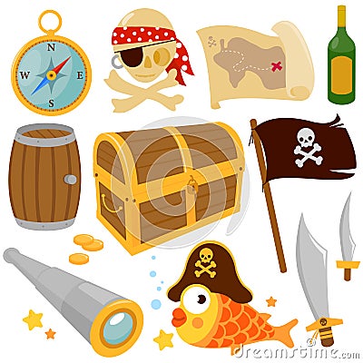 Pirate object collection. Vector illustration set Vector Illustration