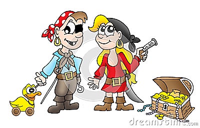 Pirate kids with duck and treasure Cartoon Illustration