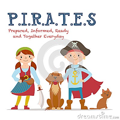 Pirate lettering, poster with boy and girl dressed as pirates Vector Illustration