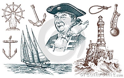 Pirate and Lighthouse and sea captain, marine sailor, nautical travel by ship. engraved hand drawn vintage style. summer Vector Illustration