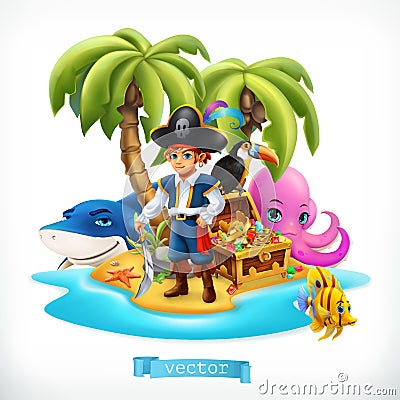 Pirate. Little boy and funny animals. Tropical island and treasure chest, vector icon Vector Illustration