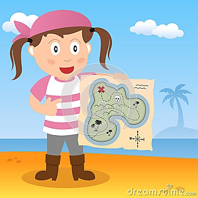 Pirate with Map on a Beach Vector Illustration