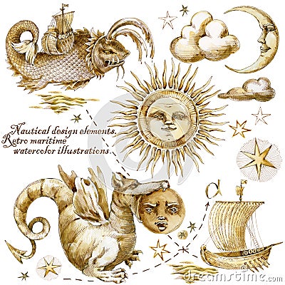 Pirate map. nautical design elements. watercolor retro maritime illustrations Cartoon Illustration