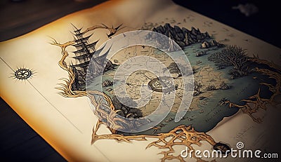 Pirate map on a wooden table. Vintage style toned picture Stock Photo