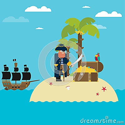 Pirate and open treasure chest and pirates stuff on a desert island flat design Vector Illustration