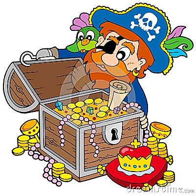 Pirate opening treasure chest Vector Illustration