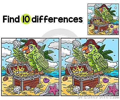 Pirate Parrot Perching Chest Find The Differences Vector Illustration