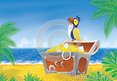 Pirate parrot and treasure chest Stock Photo