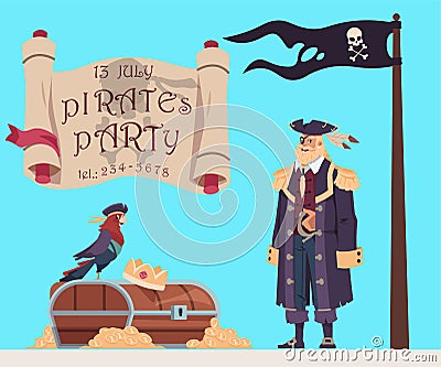 Pirate party invitation banner. Filibuster captain. Treasure chest. Gold coins and crown. Corsairs parrot. Crossbones Vector Illustration