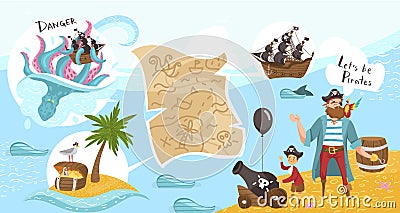 Pirate party for kids, games on piratical ship, buccaneers cartoon characters flat vector illustration with treasure map Vector Illustration