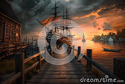 Pirate port overlooking old sailing ship in sea at sunset, generative AI Stock Photo