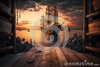 Pirate port overlooking old sailing ships in sea at sunset, generative AI Stock Photo