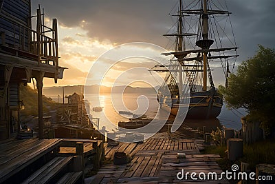 Pirate port overlooking old sailing ships in sea at sunset, generative AI Stock Photo