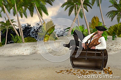 Pirate Resting On Top Of His Looted Treasure Illustration Stock Photo