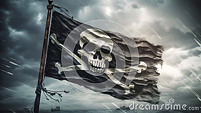 Pirate's Dramatic Flag: A classic pirate flag fluttering against a dramatic backdrop Stock Photo