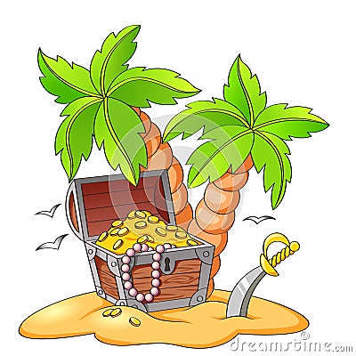 Pirate`s treasure chest on deserted beach with palm trees Vector Illustration