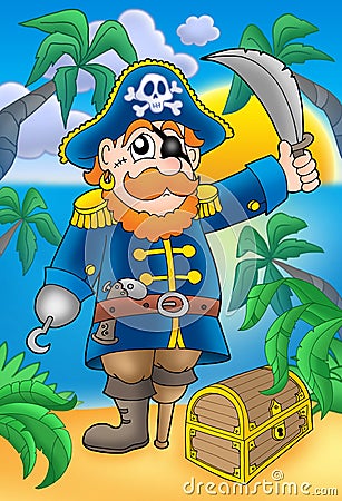 Pirate with sabre and treasure chest Cartoon Illustration