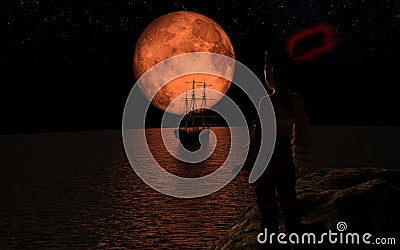 Pirate sailboat at the full red moon. The pirate woman standing on a rock Stock Photo