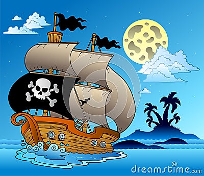 Pirate sailboat with island silhouette Vector Illustration