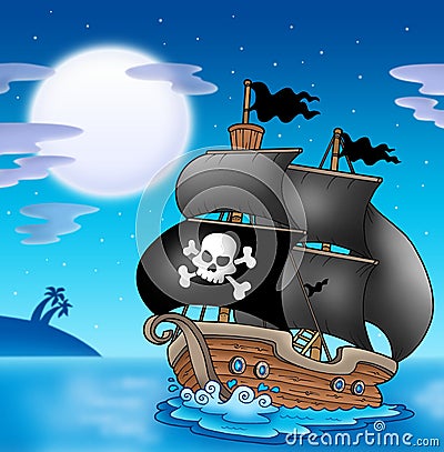 Pirate sailboat with Moon Cartoon Illustration