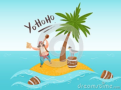 Pirate say yo ho ho on island drink alcohol, rum, seagull sit on barrel, palm tree flat vector illustration. Design Vector Illustration
