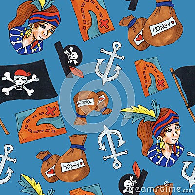 Pirate seamless pattern. colorful objects repeating background for web and print purpose. Stock Photo