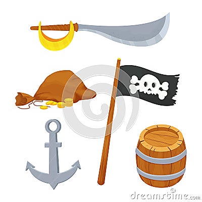 Pirate set with wooden barrel, black flag, anchor, bag with gold coins, cross swords and skull in bandana in cartoon Vector Illustration