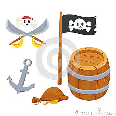 Pirate set with wooden barrel, black flag, anchor, bag with gold coins, cross swords and skull in bandana in cartoon Vector Illustration