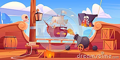 Pirate ship battle, wooden brigantine boat deck Vector Illustration