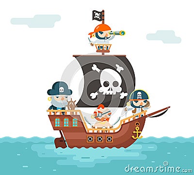 Pirate Ship crew Buccaneer Filibuster Corsair Sea Dog Sailors Captain Fantasy RPG Treasure Game Character Flat Design Vector Illustration