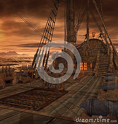 Pirate Ship Deck with Stairs and Cannons Stock Photo