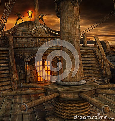 Pirate Ship Deck with Stairs to the Galley Stock Photo