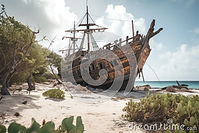pirate ship, deserted and decaying on deserted island Stock Photo