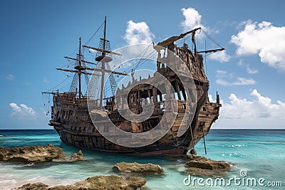 pirate ship, deserted and decaying on deserted island Stock Photo