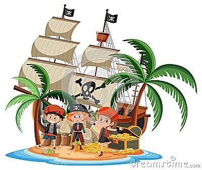 Pirate ship on island with many kids isolated on white background Vector Illustration