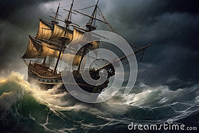 pirate ship navigating through a treacherous storm at sea Stock Photo