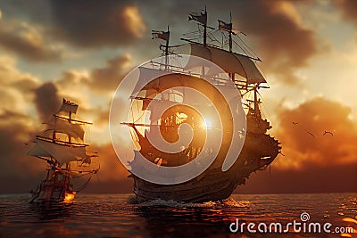 pirate ship on the ocean at sunset Stock Photo