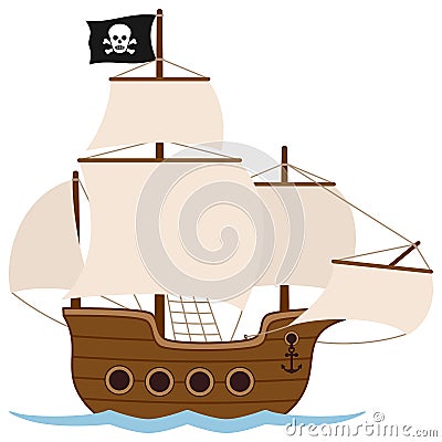 Pirate Ship or Sailing Boat Vector Illustration